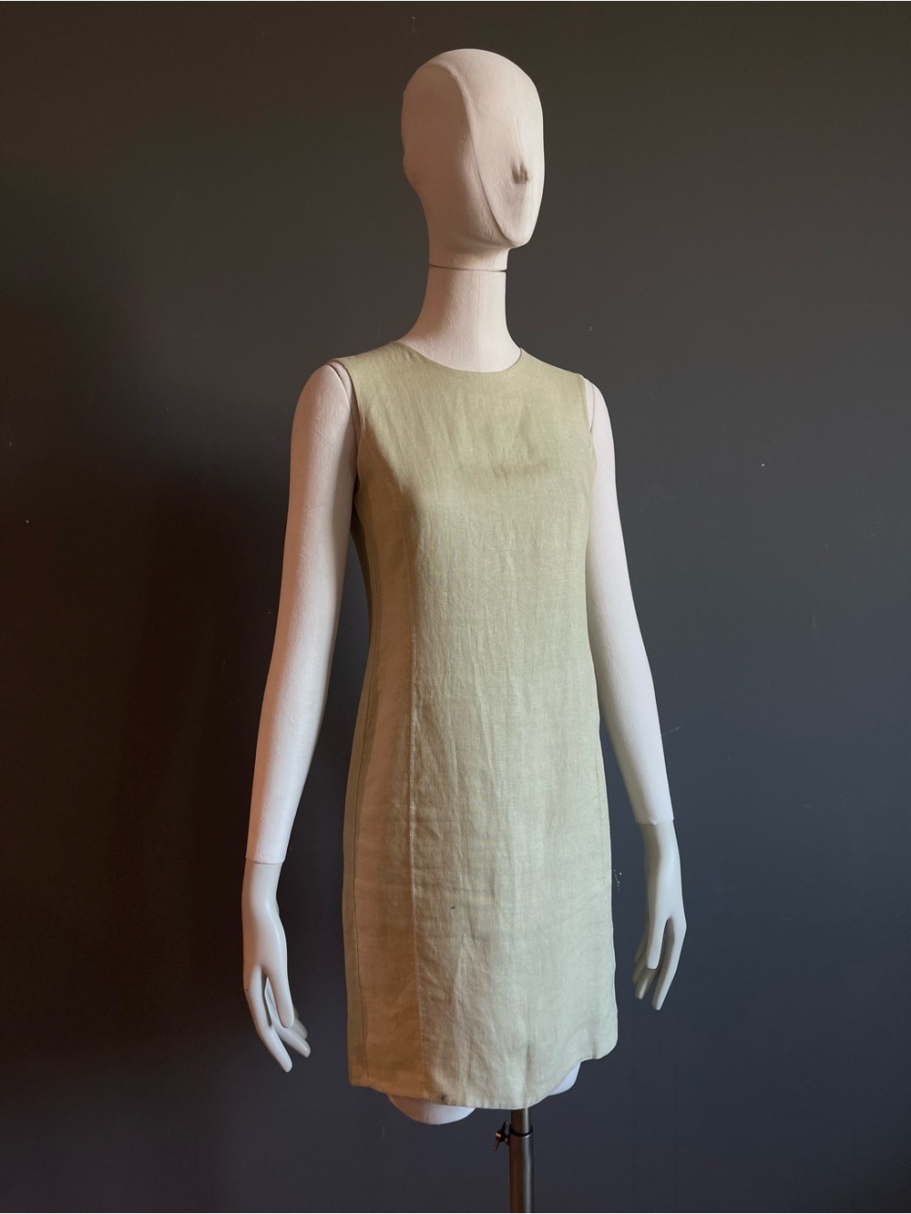 Vintage Anne Klein 100% Linen Celadon Minimalist Coastal Shift Sheath Dress Sz 2